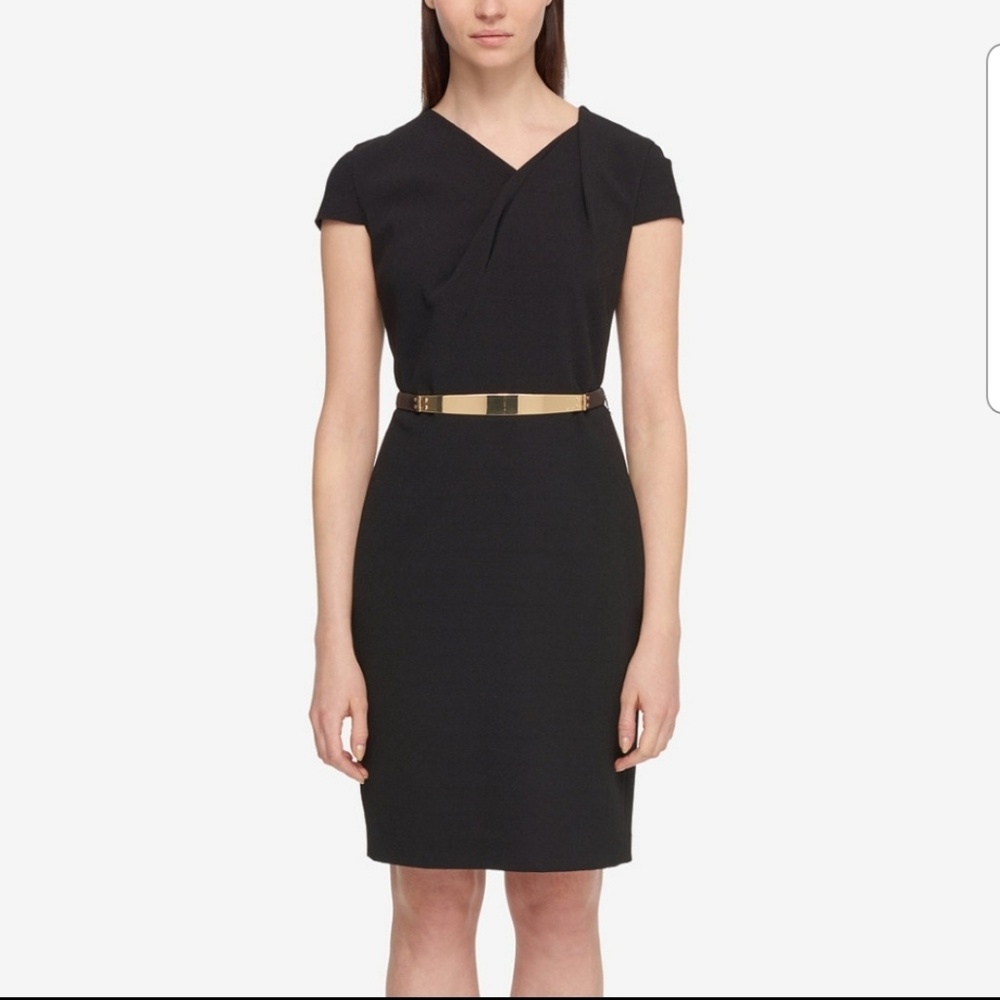 Black cap-sleeve dress with removable belt